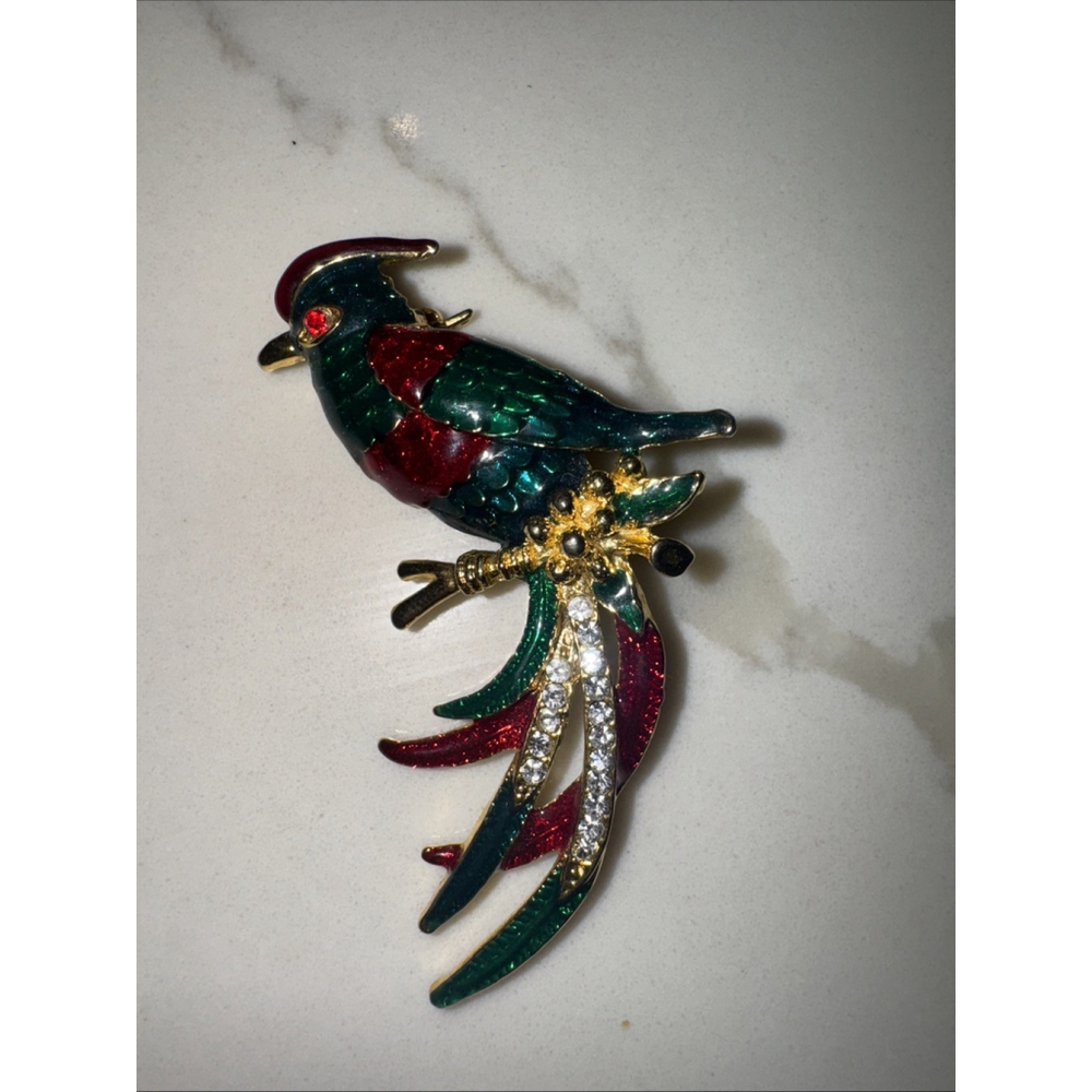 PARROT PIN BROOCH GOLD TONE ENAMEL RHINESTONES Vtg - Picture 5 of 5